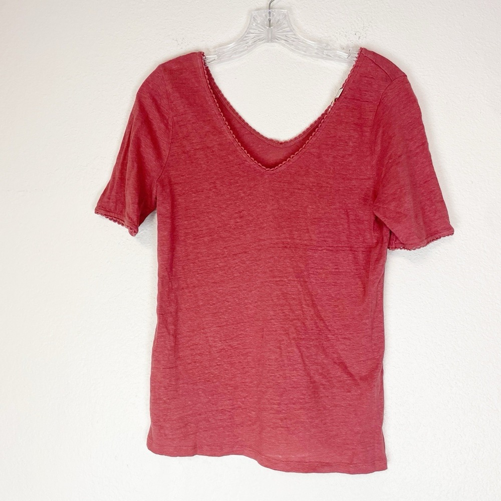 Boden Top Womens 8 Crochet Trim 100% Linen Tee Beach Coastal Preppy V-neck